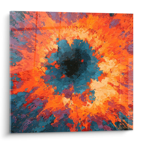 Vortex de peinture abstraite en orange incandescent et bleu sarcelle avec noyau noir profond