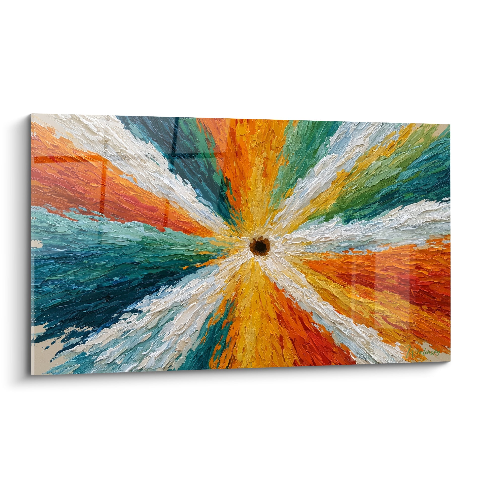 Vortex peint aux couleurs orange, bleu sarcelle et blanc, empâtements épais autour d'un centre noir