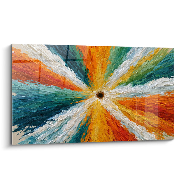 Tableau Vortex radial orange et sarcelle au trou noir - Point de fuite central - Edition style Peinture abstrait