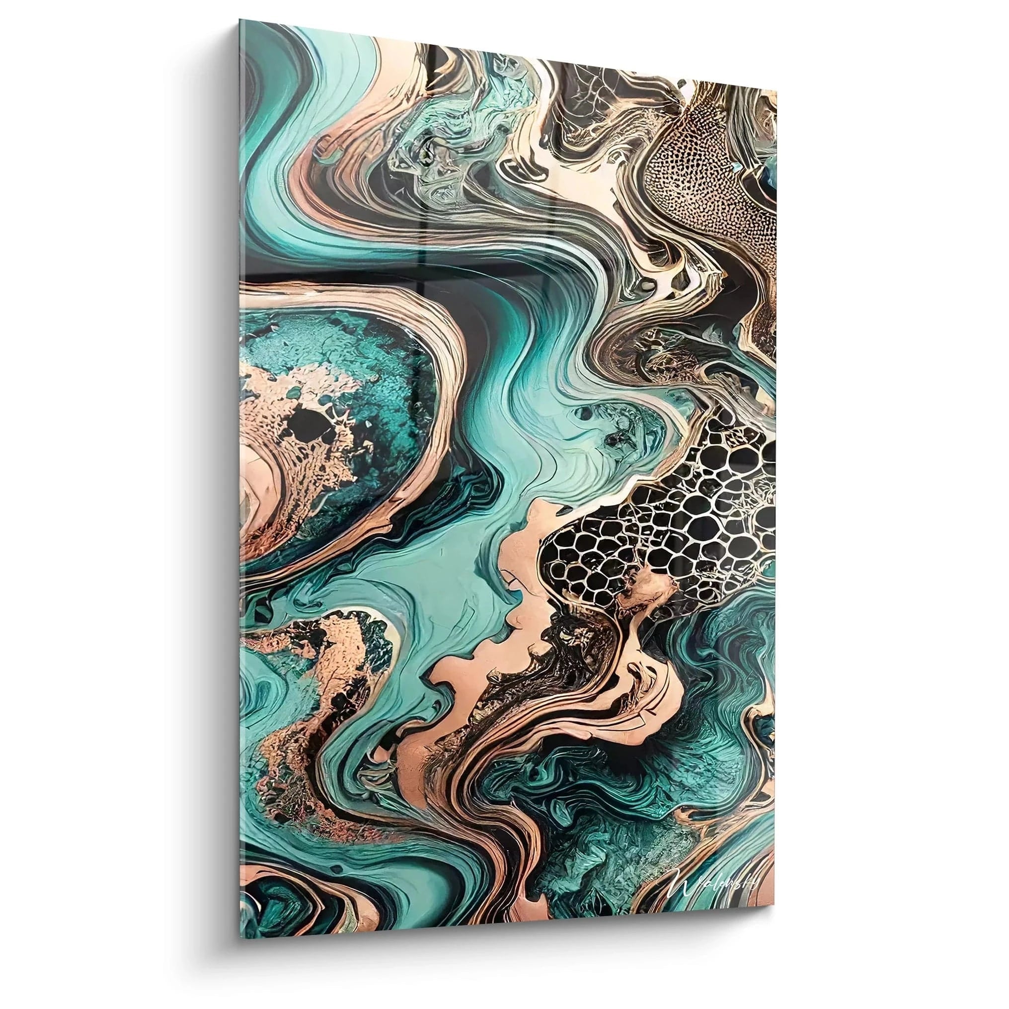 tableau style epoxy vu de biais avec couleurs turquoise or rose et noir textures fluides et brillantes mouvements organiques inspirés de la nature capturant énergie et élégance contemporaine

