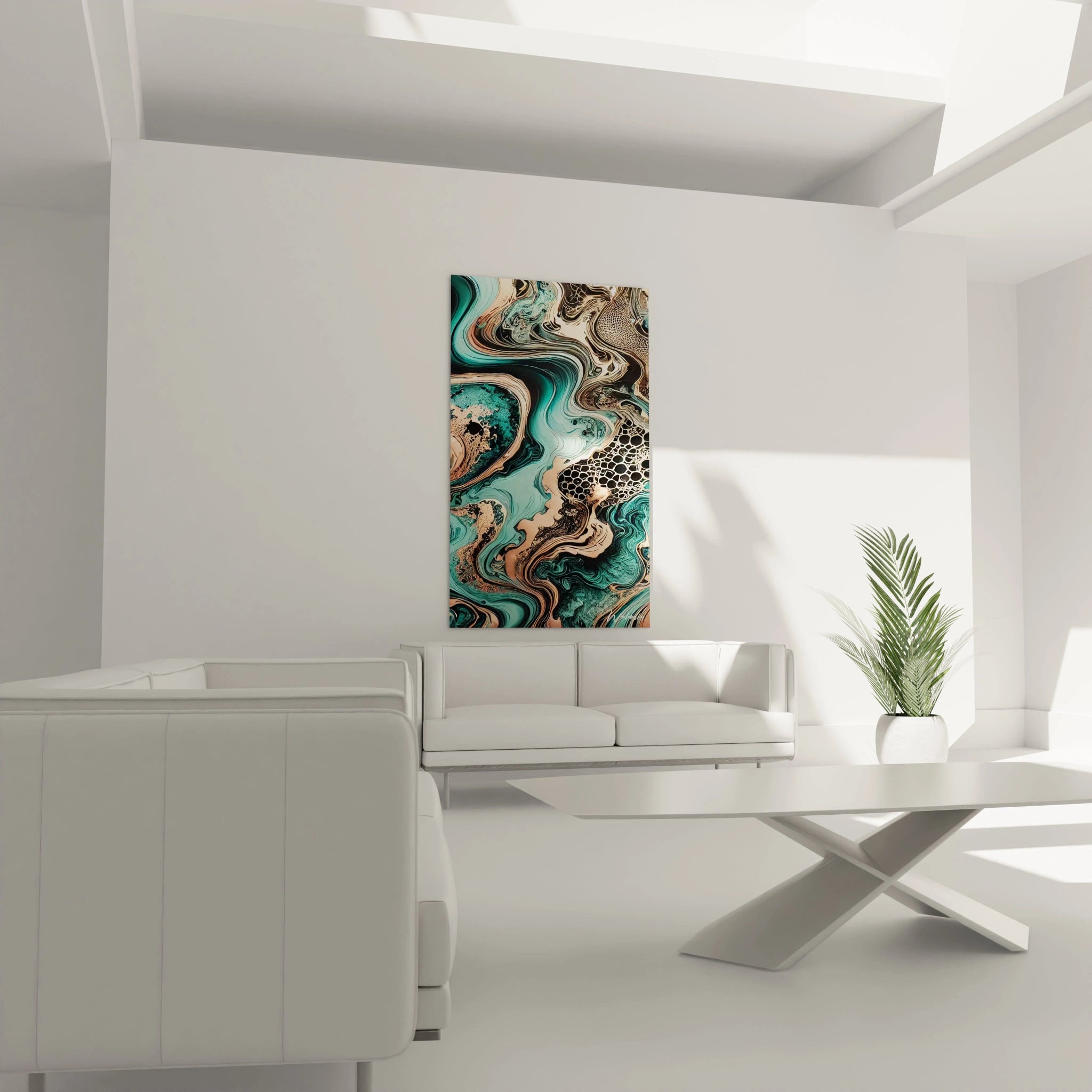 tableau style epoxy dans un salon accroché au-dessus du canapé nuances métalliques turquoise or rose et noir effet captivant et élégant textures brillantes inspiration nature et énergie fluide

