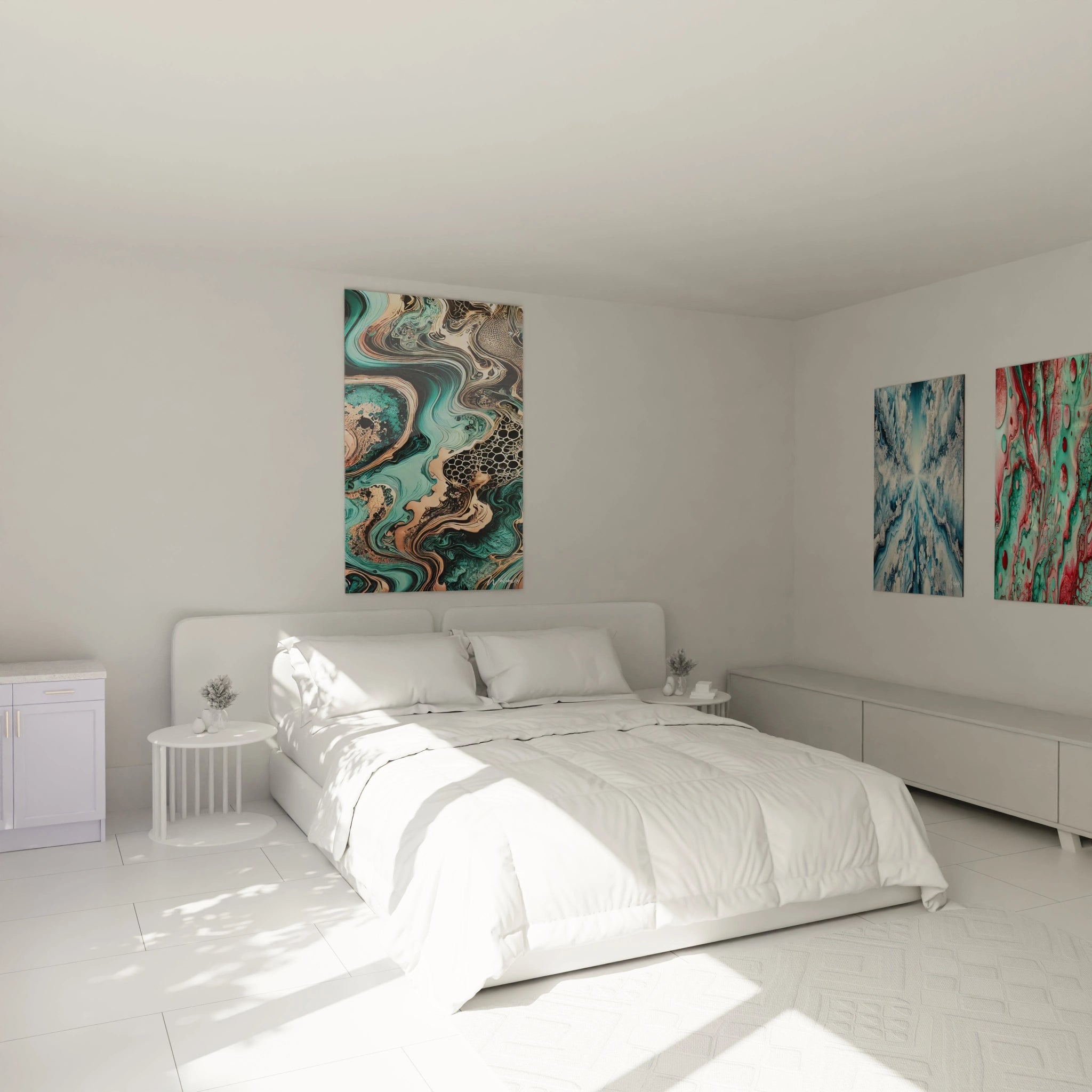 tableau style epoxy accroché dans une chambre au-dessus du lit ambiance apaisante nuances de turquoise or rose et noir rappelant des courants aquatiques textures lisses et effet tridimensionnel

