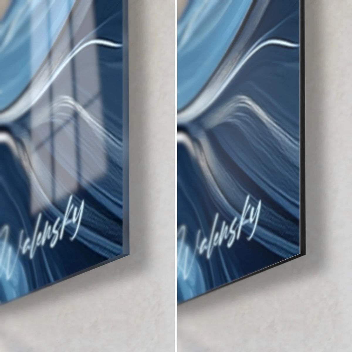 Wall art of a sea in deep blue and silver swirls, bottom right corner: glossy acrylic glass on the left, matte Dibond with its edge on the right