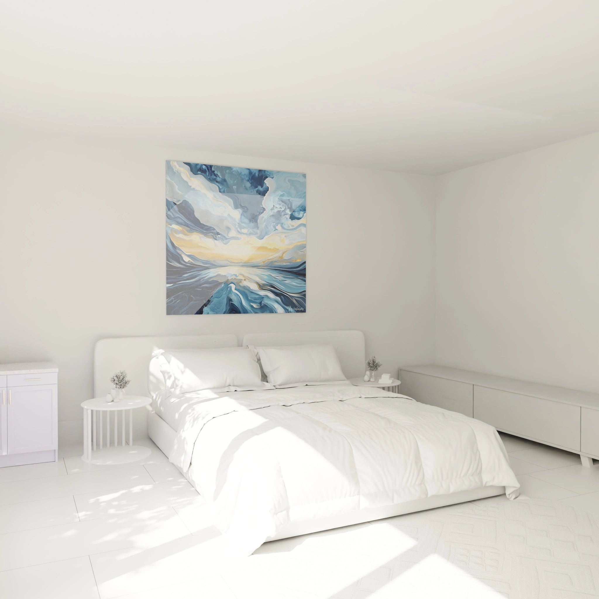 Un tableau mer aux courants bleutés multidimensionnels qui s'entrelacent harmonieusement avec des reflets dorés et blancs, présentant une composition symétrique où les vagues semblent converger vers un horizon lumineux et texturé.
