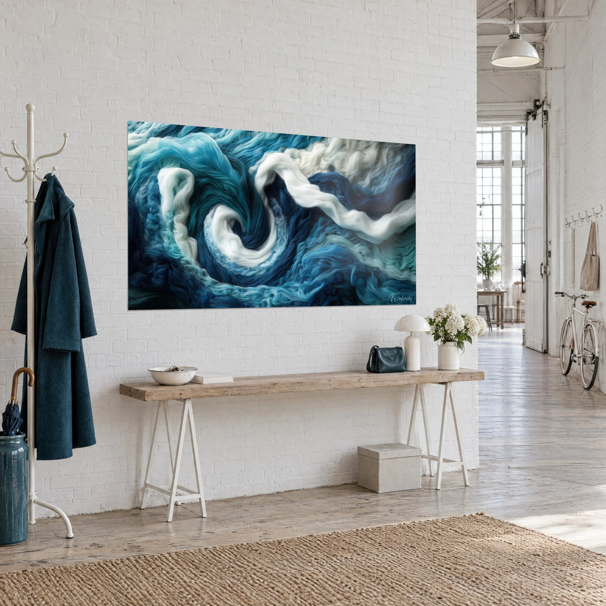 Quadro onda di fili lavorati a maglia, volute blu petrolio e bianco neve, su un muro di mattoni di un loft d'artista
