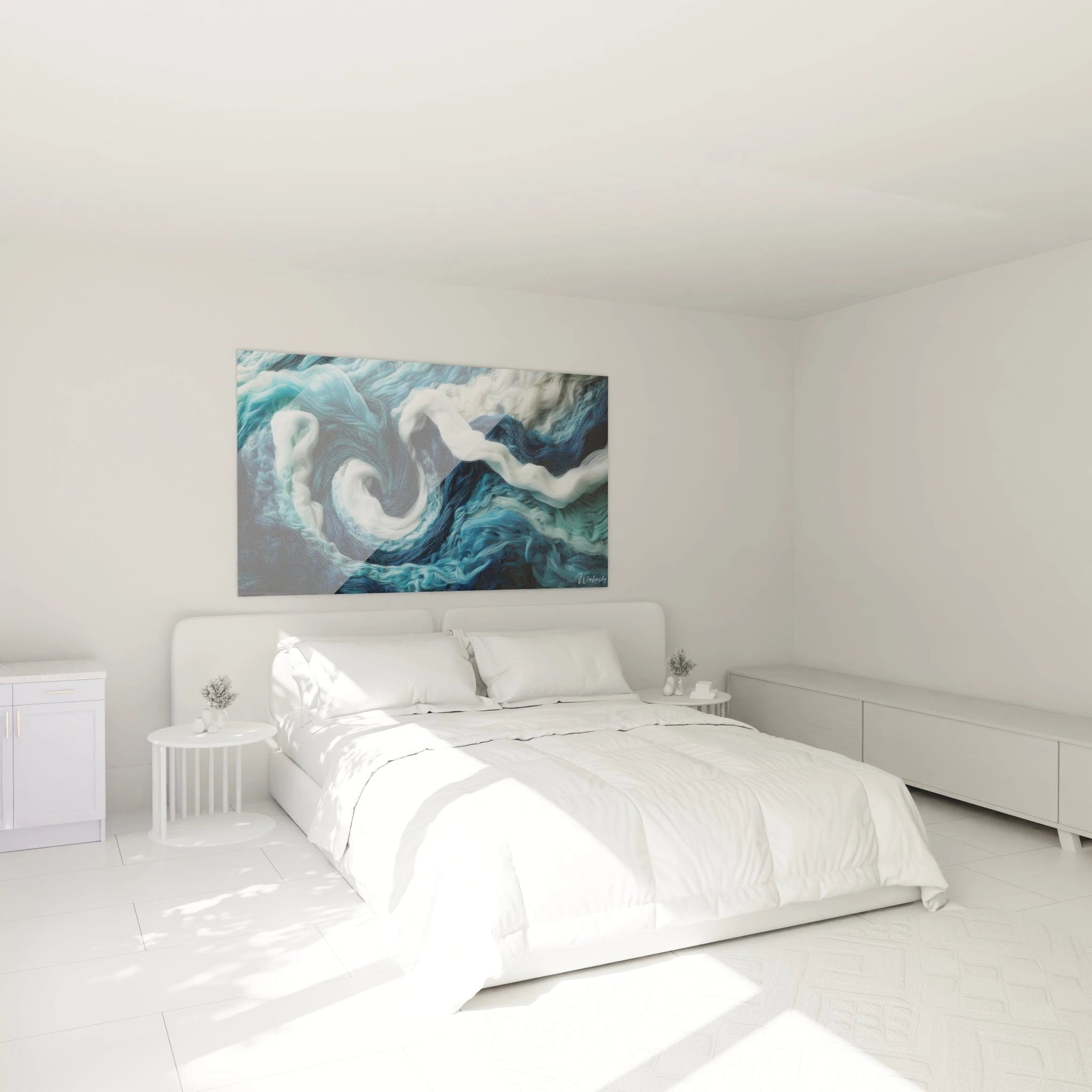 Un tableau de vagues stylisées aux fibres entrelacées formant des tourbillons dynamiques. Les contrastes entre le bleu profond, le turquoise et le blanc créent un effet de profondeur maritime. La texture fibreuse rappelle des filaments soyeux capturant le mouvement fluide de l'eau.
