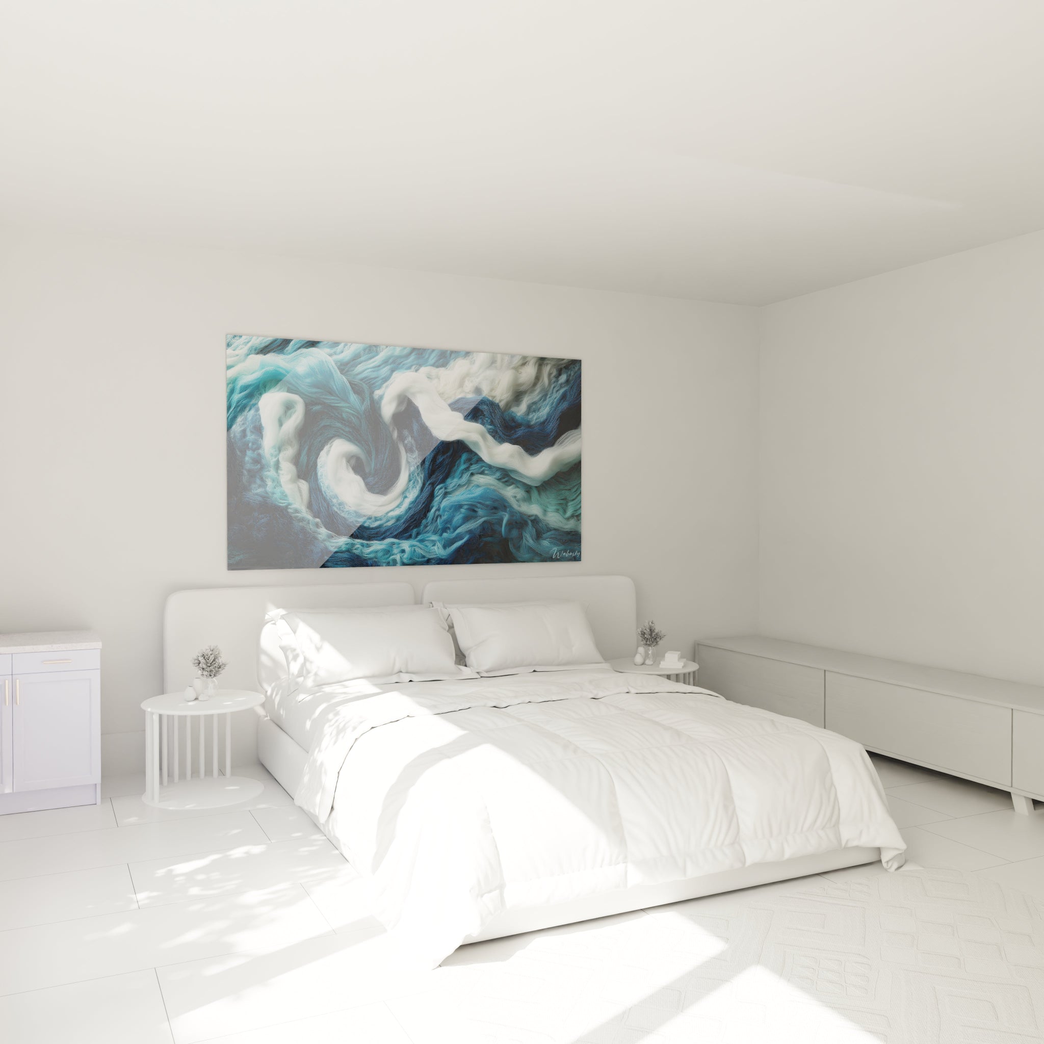Un tableau de vagues stylisées aux fibres entrelacées formant des tourbillons dynamiques. Les contrastes entre le bleu profond, le turquoise et le blanc créent un effet de profondeur maritime. La texture fibreuse rappelle des filaments soyeux capturant le mouvement fluide de l'eau.
