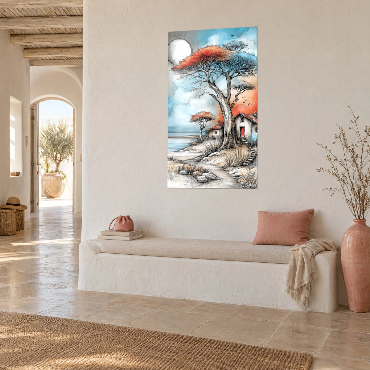 Tableau arbre parasol roux et bleu glacier, lune pâle, chaumière au toit rouille, sur un mur blanc d'une maison méditerranéenne