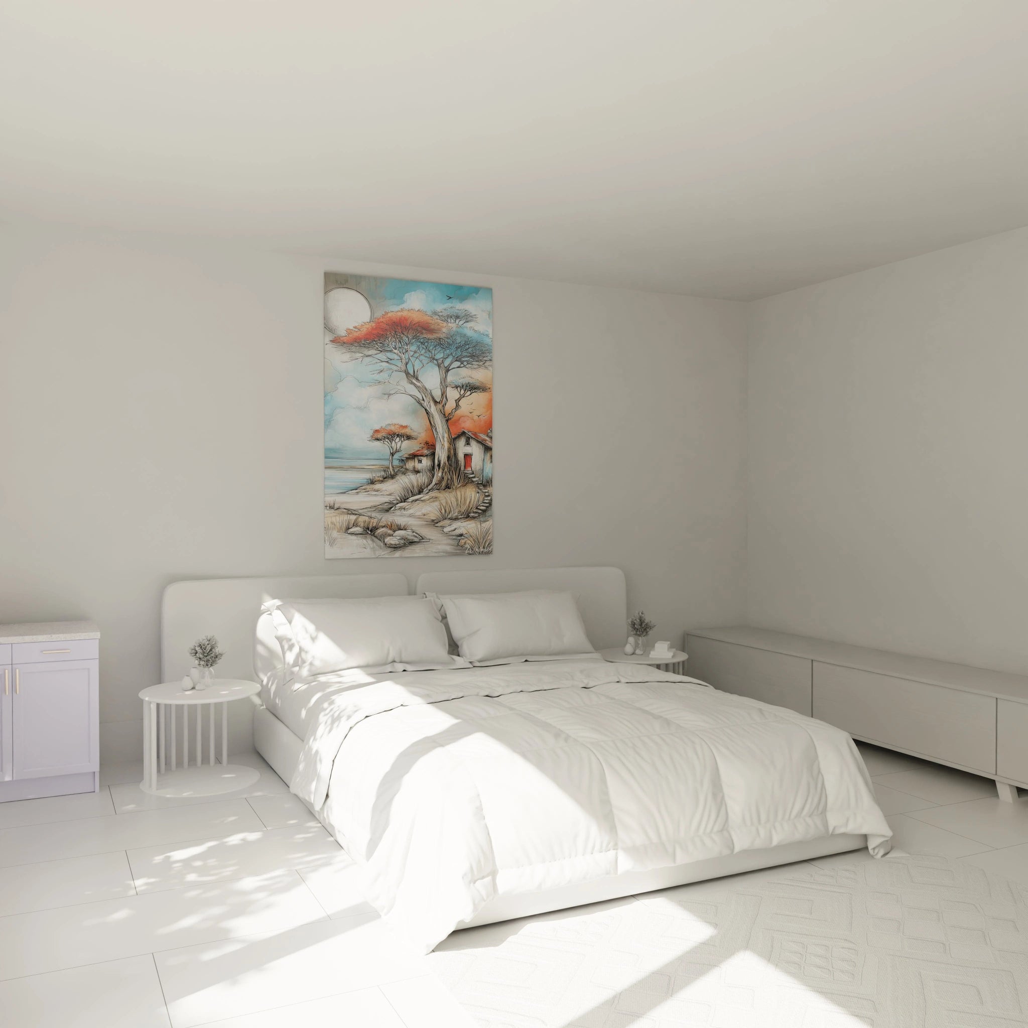 Tableau paysage africain moderne accroché au mur au-dessus d'un lit dans une chambre lumineuse