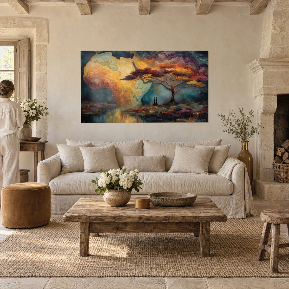 Gemälde Akazie mit purpurroten Ästen unter der goldenen Afrikakarte, Safran und Türkis, über einem Sofa in einem hellen Wohnzimmer