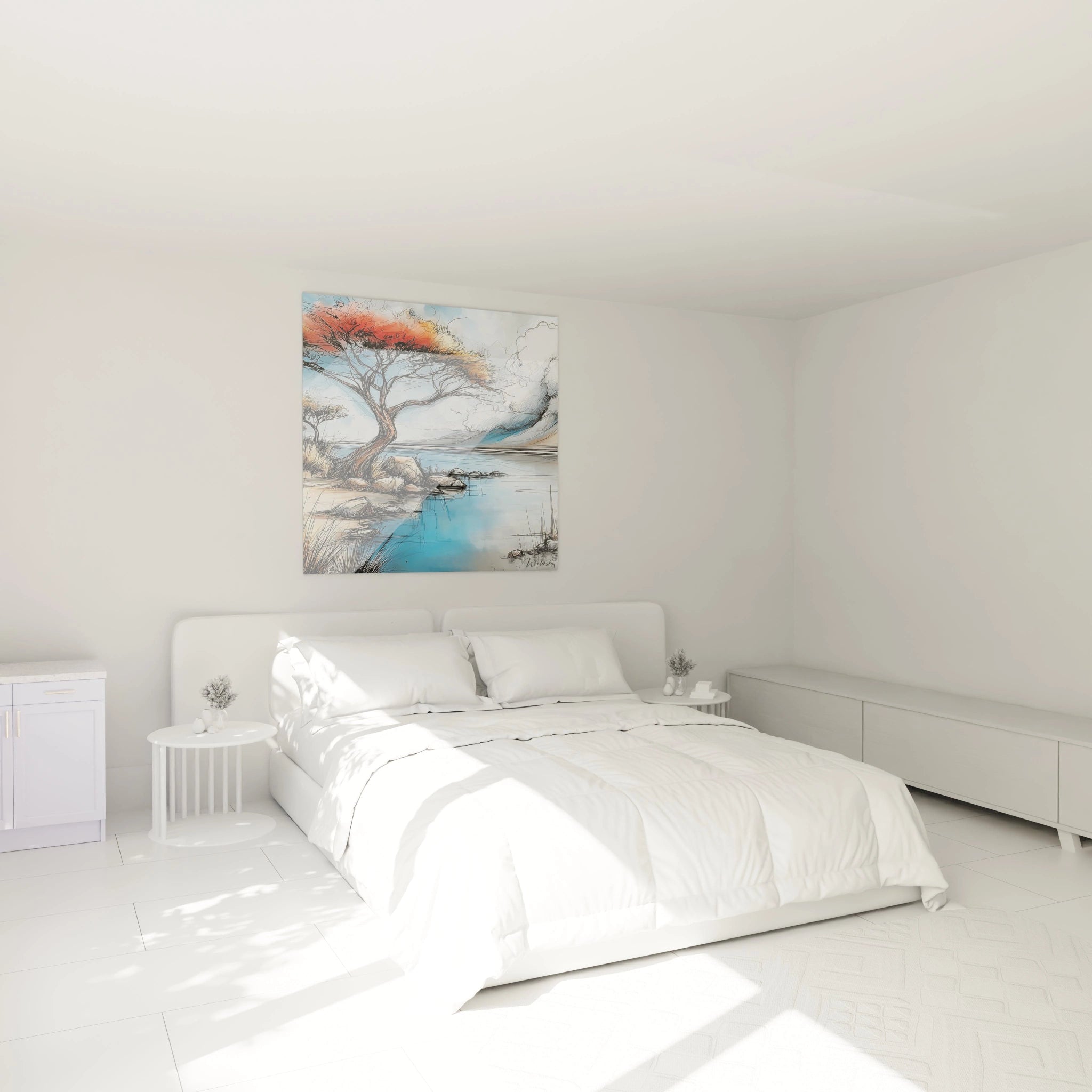 Tableau mural paysage africain acacia décorant une chambre moderne avec lit blanc.