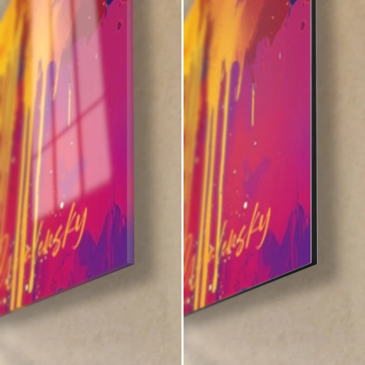 Gemälde Afrikabaum, Detail unten rechts: glänzendes Glas mit Reflexen und mattes Dibond, 3 mm Kante, rosa und gelbe Laufspuren