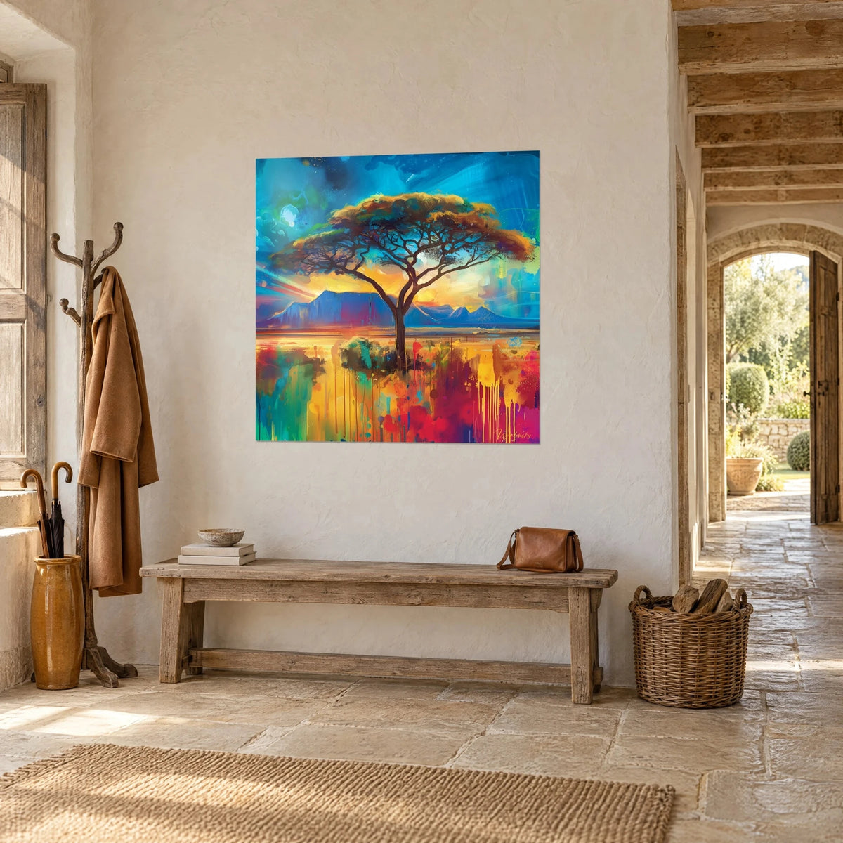 Gemälde afrikanische Savanne, Tafelbaum unter bernsteinfarbener Sonne, violette Berge und rote Laufspuren, an einer hellen Steinwand