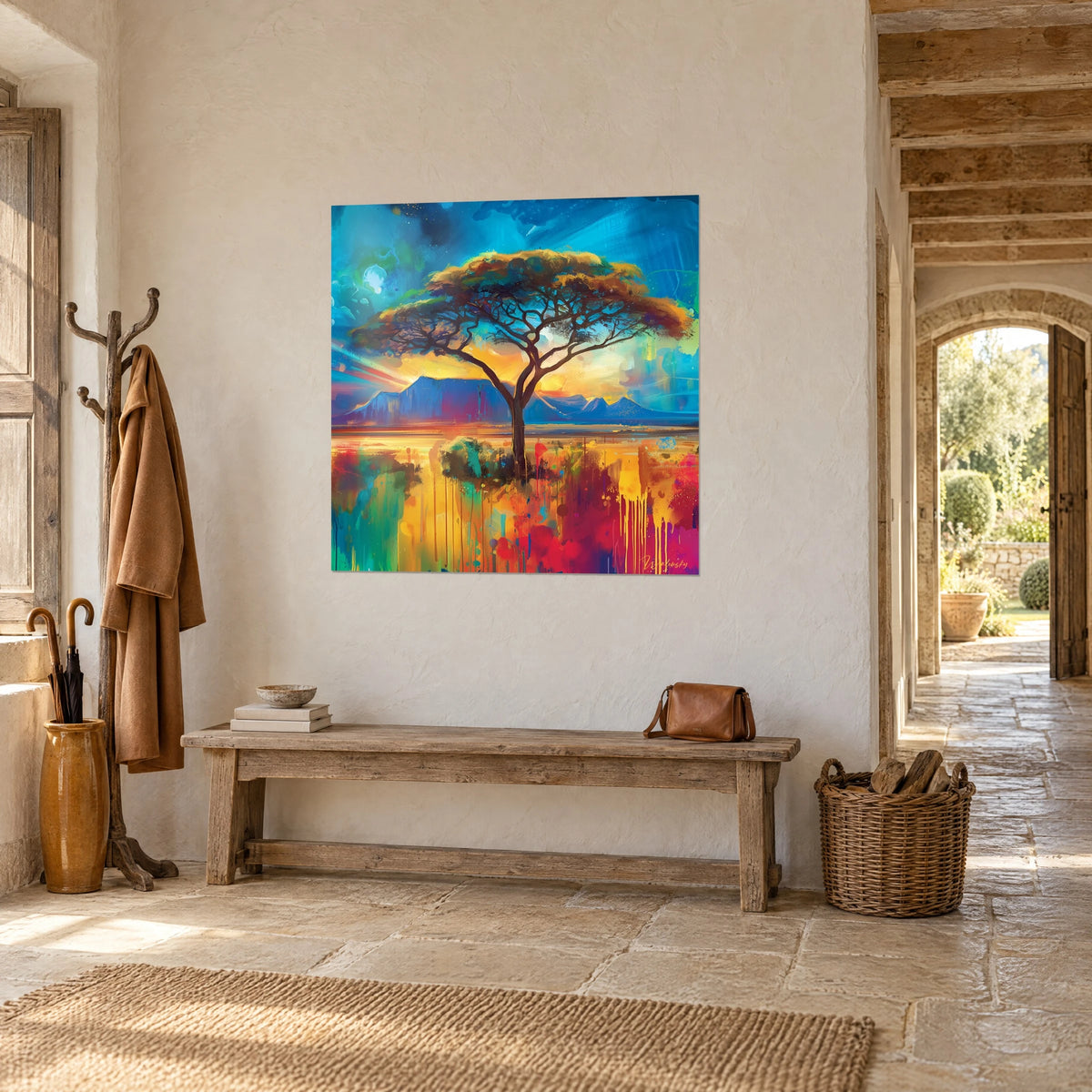 Cuadro sabana africana, árbol de copa plana bajo un sol ámbar, montañas violetas y goteos rojos, colgado en una pared de piedra clara