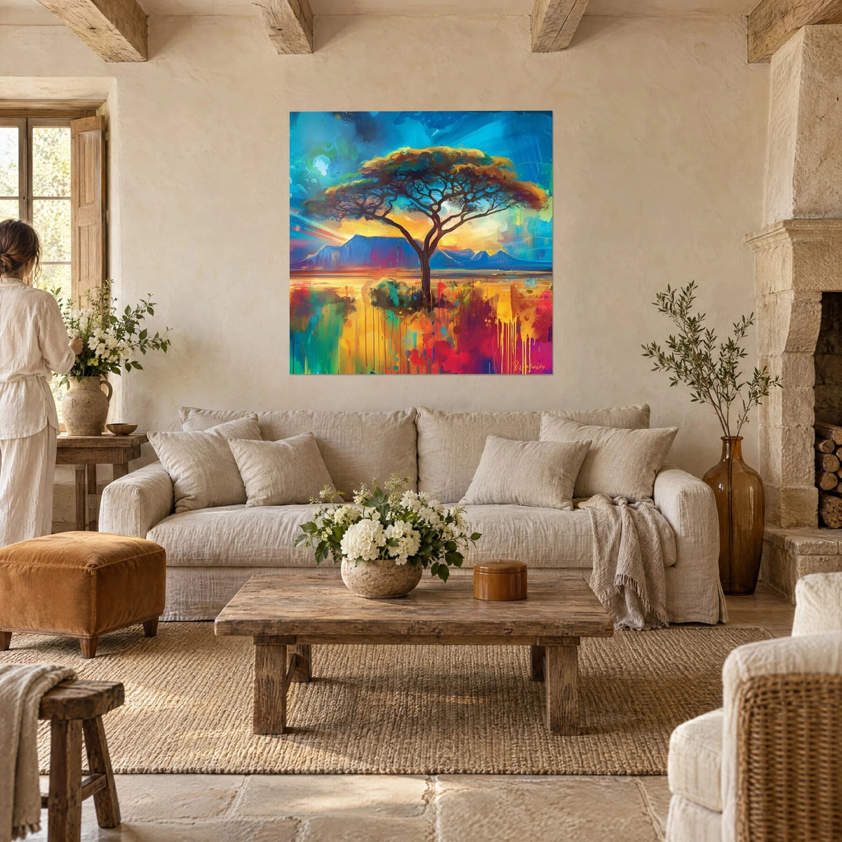 Gemälde Akazie mit braunen Schirmästen vor türkisfarbenem und goldenem Himmel, zwei Personen von hinten, über einem Sofa in einem hellen Wohnzimmer