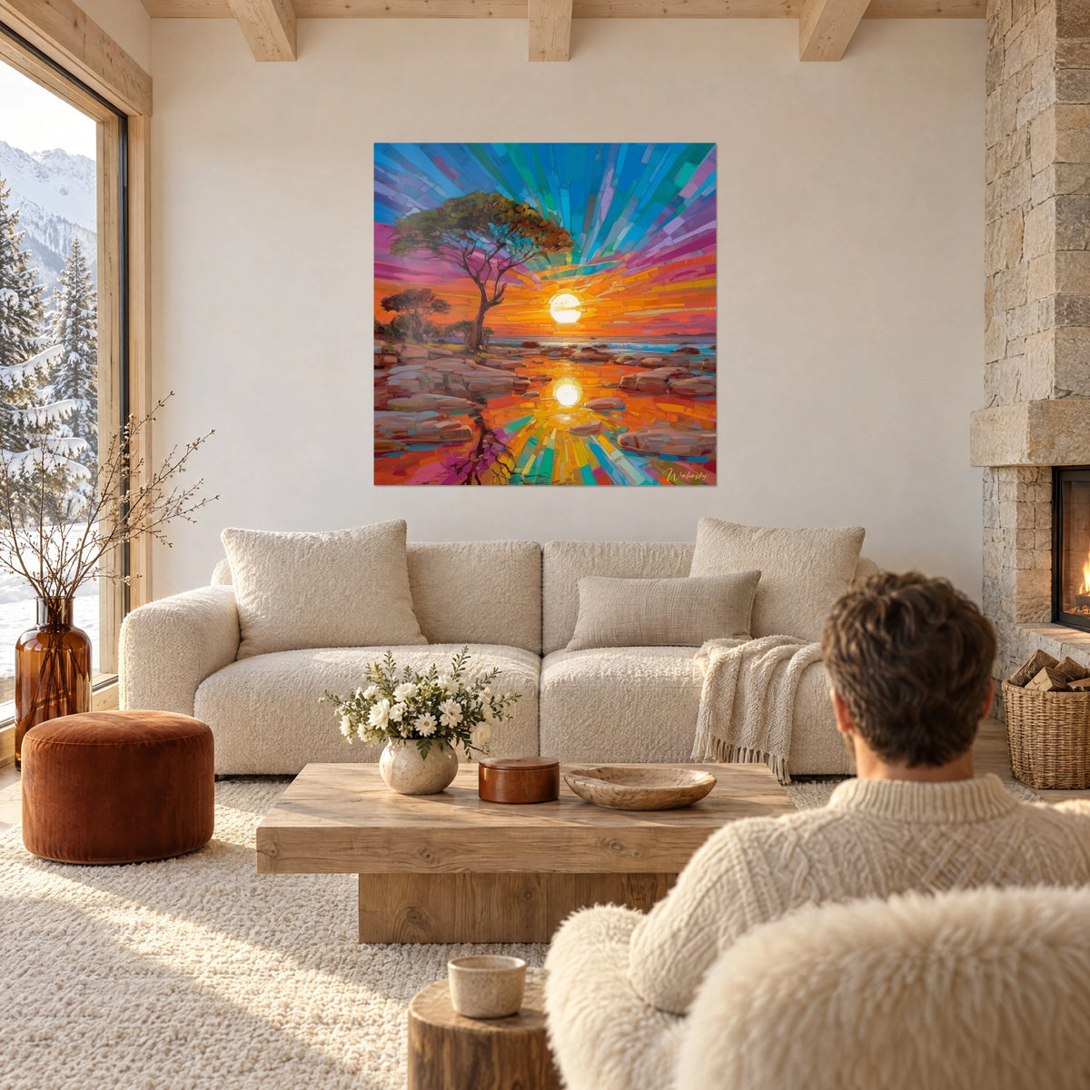 Tableau acacia sentinelle découpé en éclats turquoise et magenta, soleil blanc sur ciel orange, au-dessus d'un canapé dans un salon lumineux