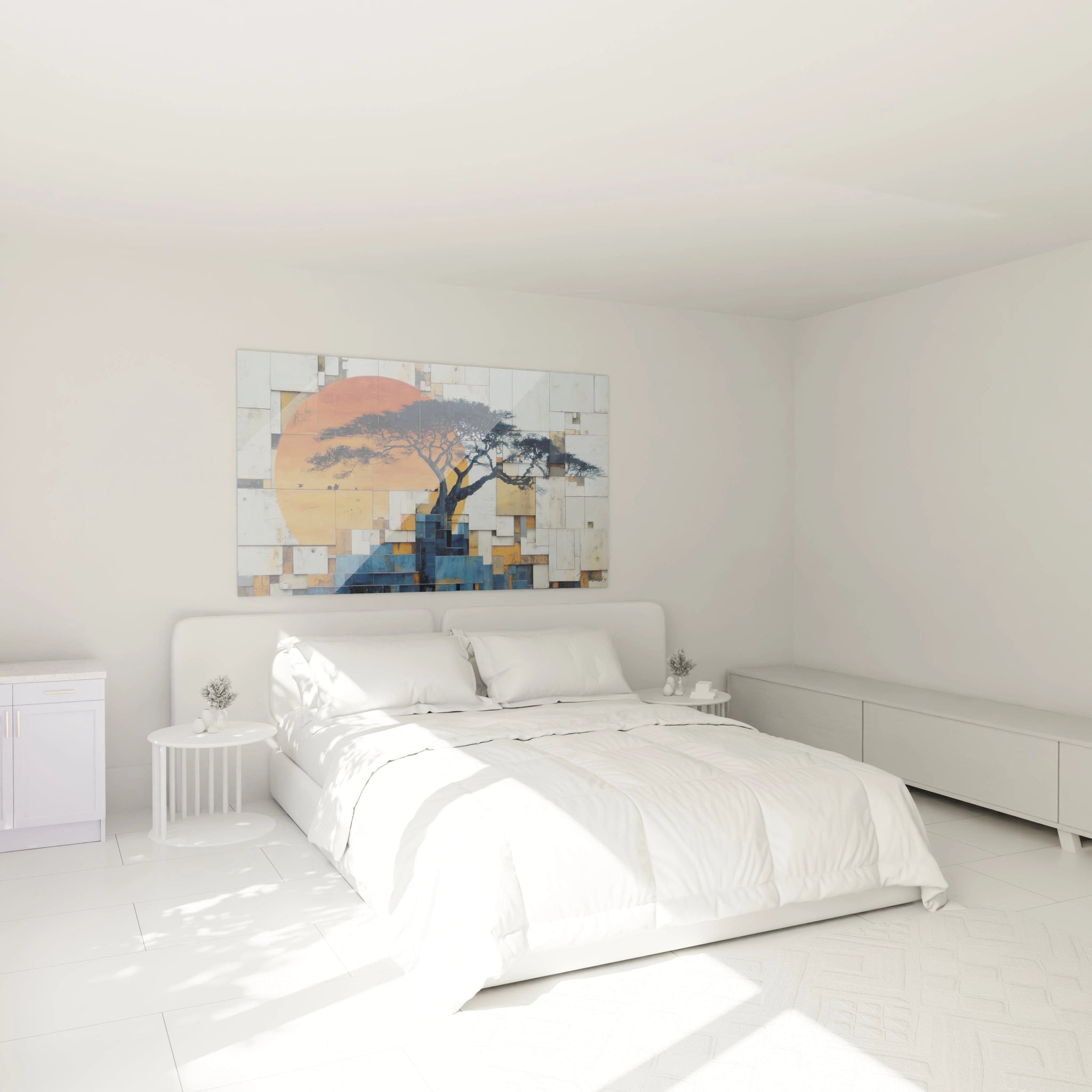 Tableau africain paysage avec un arbre silhouetté et un coucher de soleil, idéal pour décorer une chambre moderne