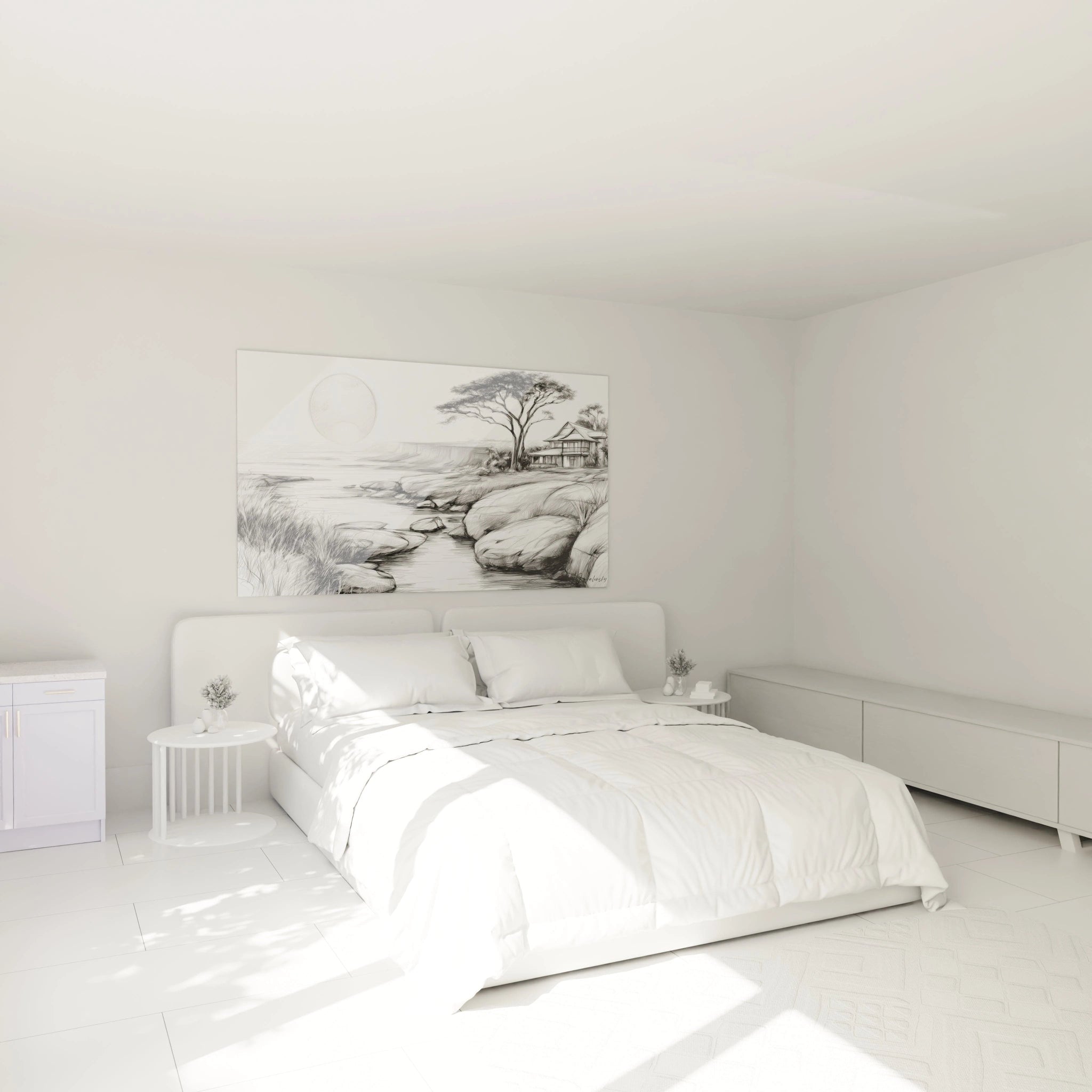 Tableau paysage africain moderne de Walensky décorant une chambre blanche minimaliste et lumineuse