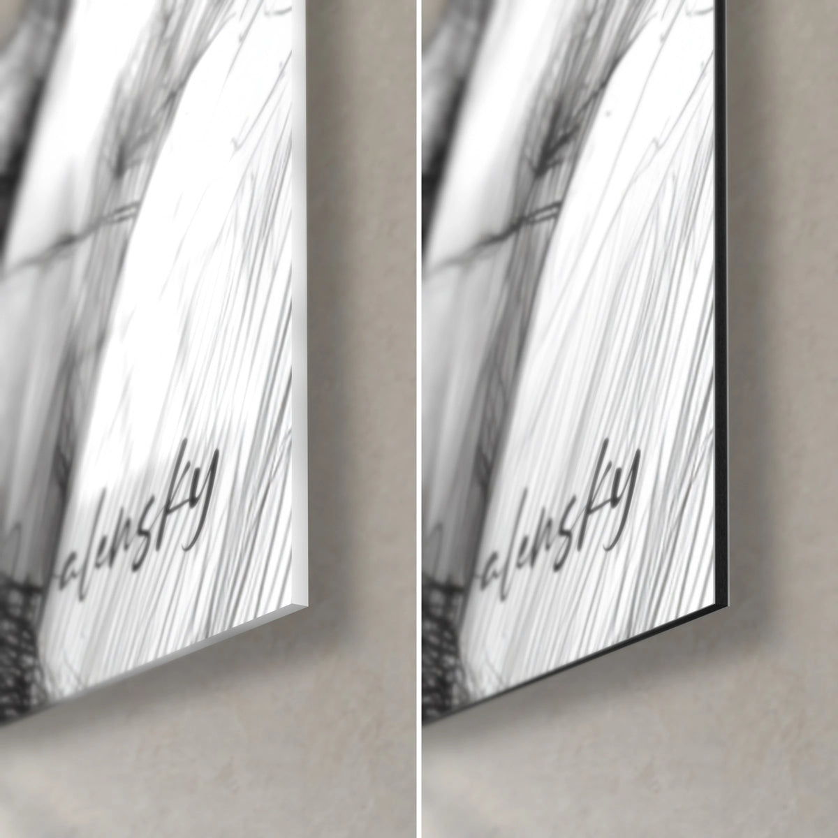 Gemälde Akazie mit Bleistift, untere rechte Ecke: schwarze Signatur auf weißem Grund, glänzendes Acrylglas und matte Dibond-Aluplatte, 3 mm Stärke