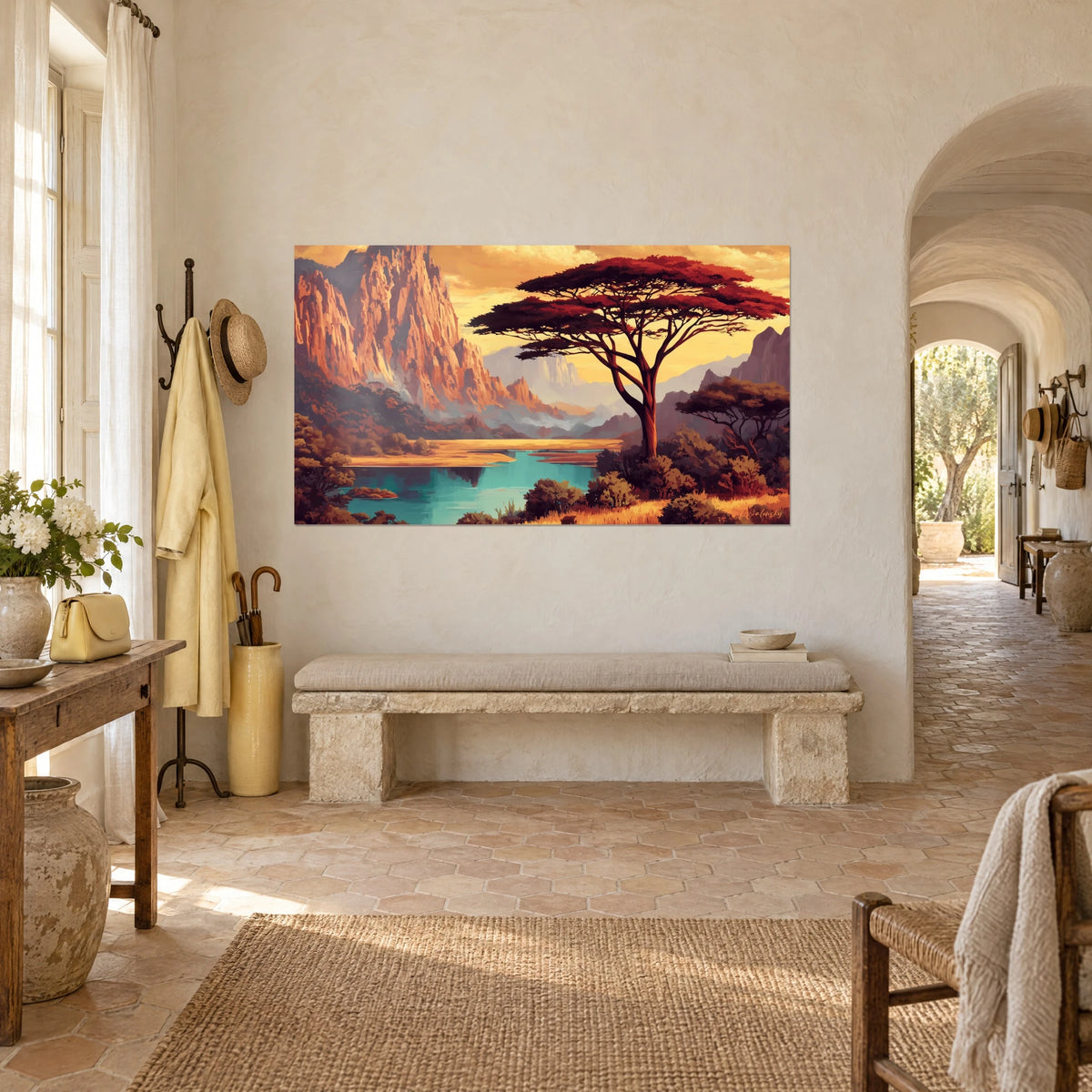 Tableau savane dorée, acacia pourpre et lagon turquoise au pied de parois rocheuses, mur blanc d'un mas provençal