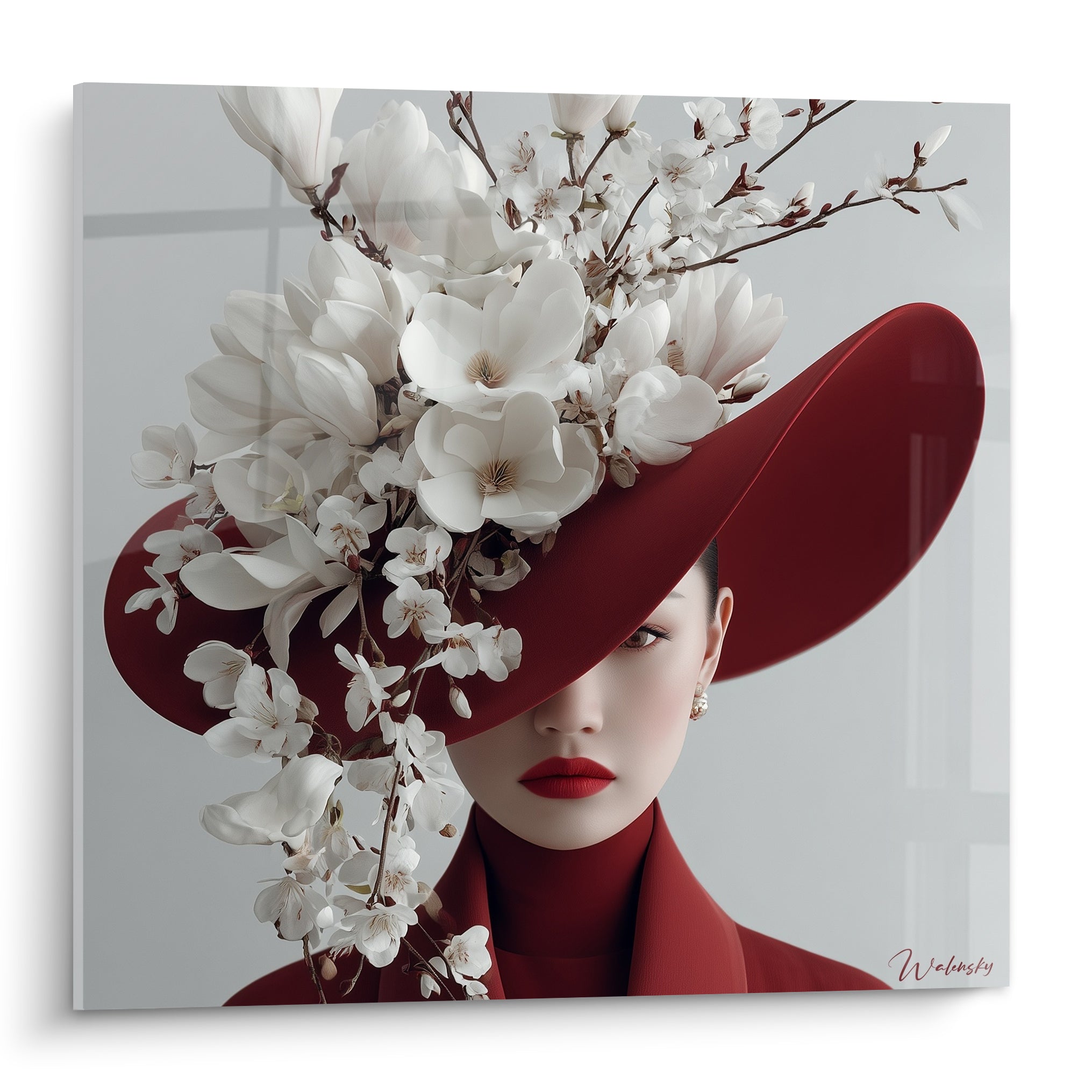 Femme au chapeau bordeaux et magnolias blancs, visage partiellement voilé, fond gris neutre