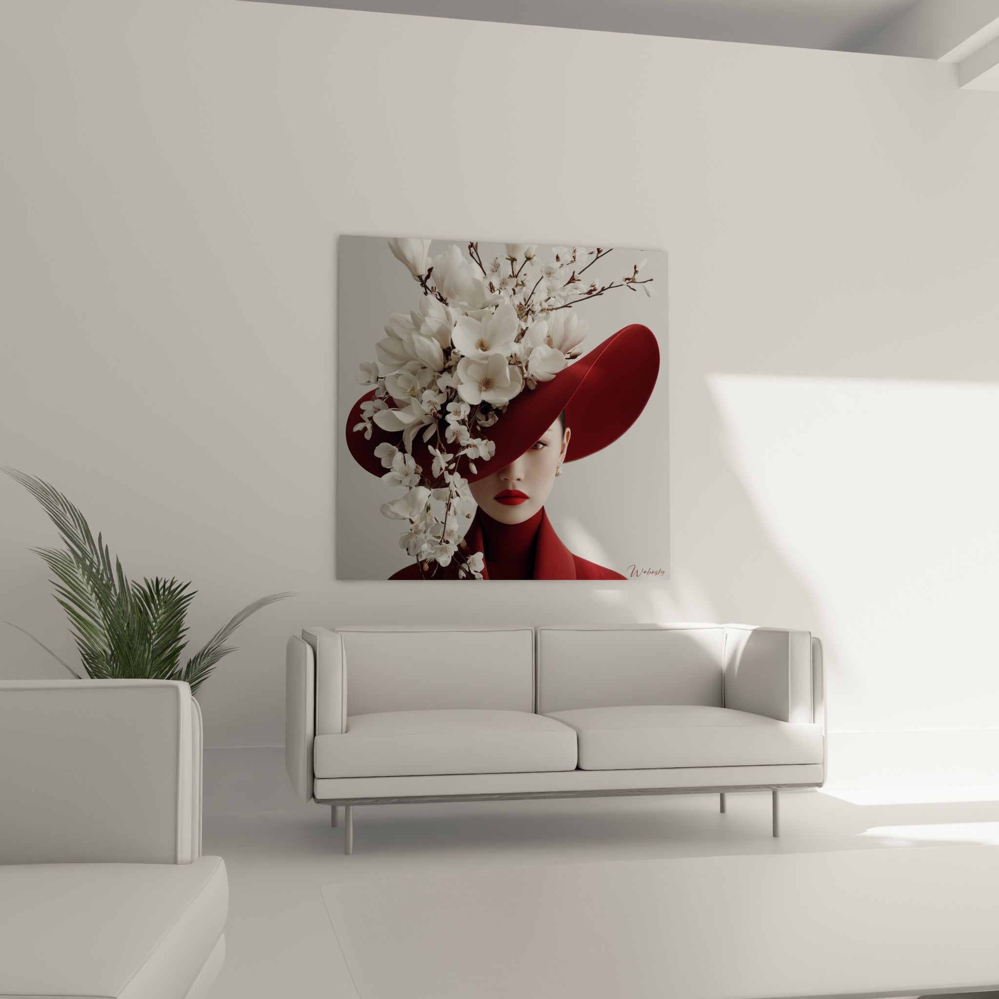 Silhouette au chapeau rouge et fleurs immaculées suspendue au-dessus d'un canapé dans un salon lumineux