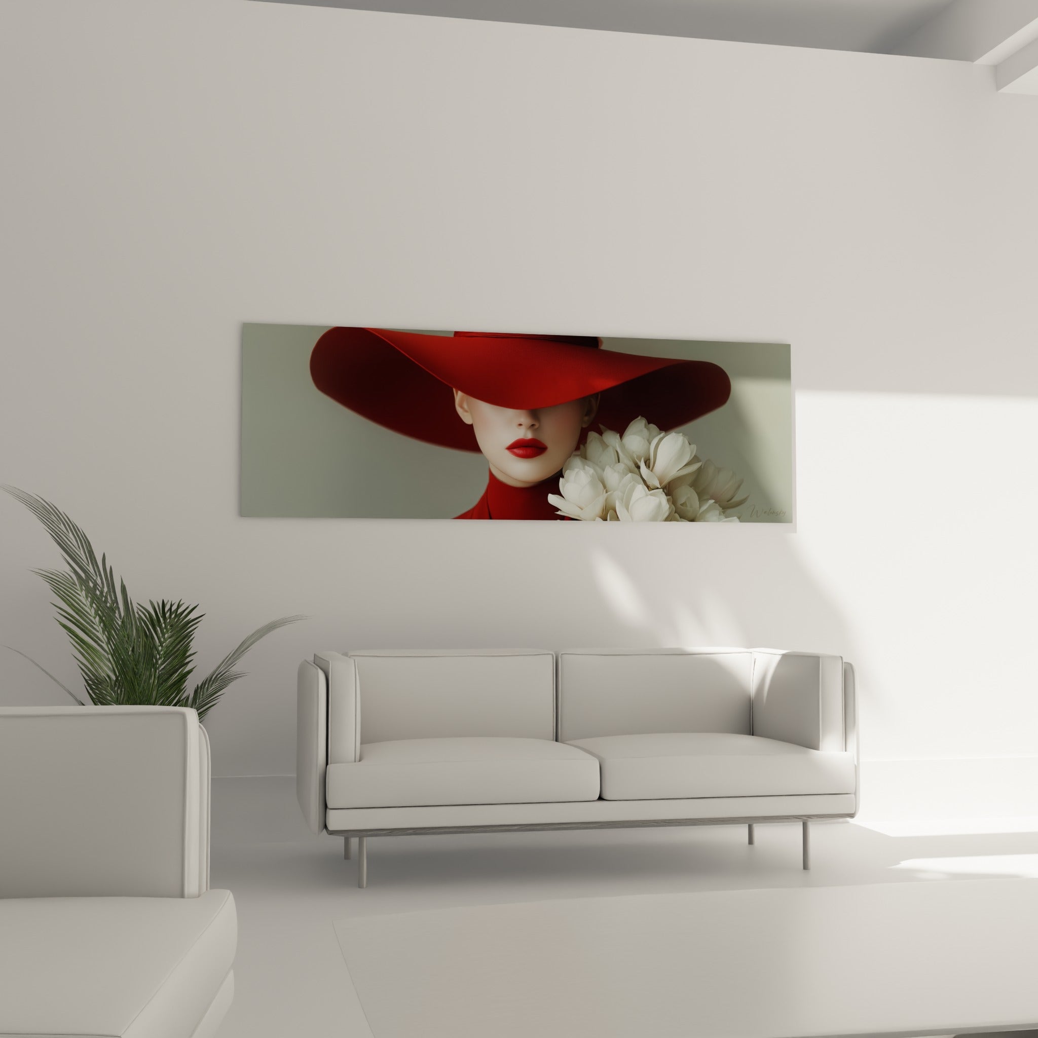 Portrait au chapeau rouge et fleurs blanches, au-dessus d'un canapé dans un salon lumineux
