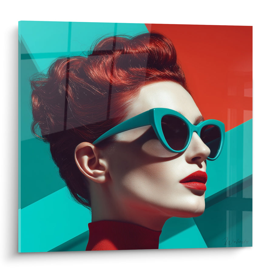 Tableau Femme rousse aux lunettes turquoise et rouge - Attitude affirmée - Edition Accessoires de mode