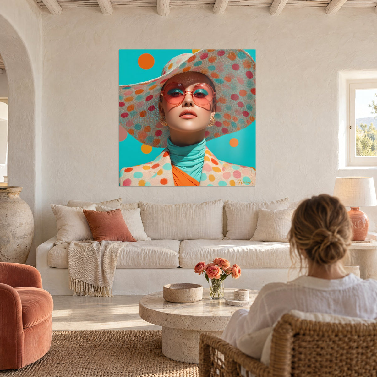 Tableau portrait au chapeau à pois turquoise et orange, lunettes rondes corail, au-dessus d'un canapé dans un salon lumineux