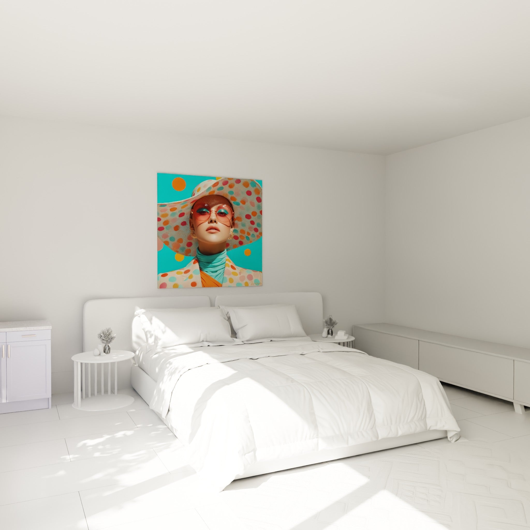 Visage sous chapeau à pois turquoise et orange placé au-dessus d'un lit dans une chambre claire