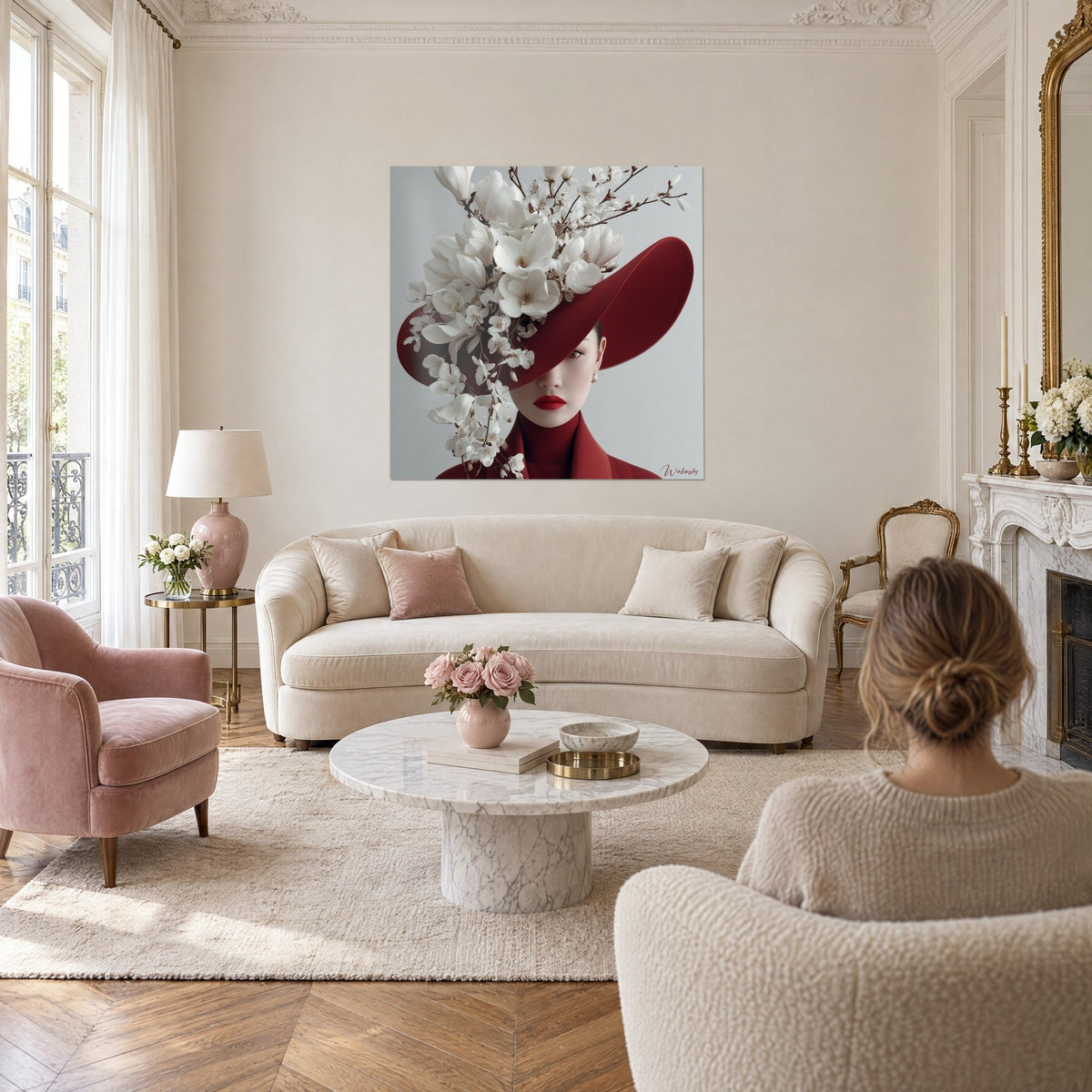 Tableau portrait voilé d'une femme sous un chapeau bordeaux et magnolias ivoire, deux personnes de dos, au-dessus d'un canapé dans un salon lumineux