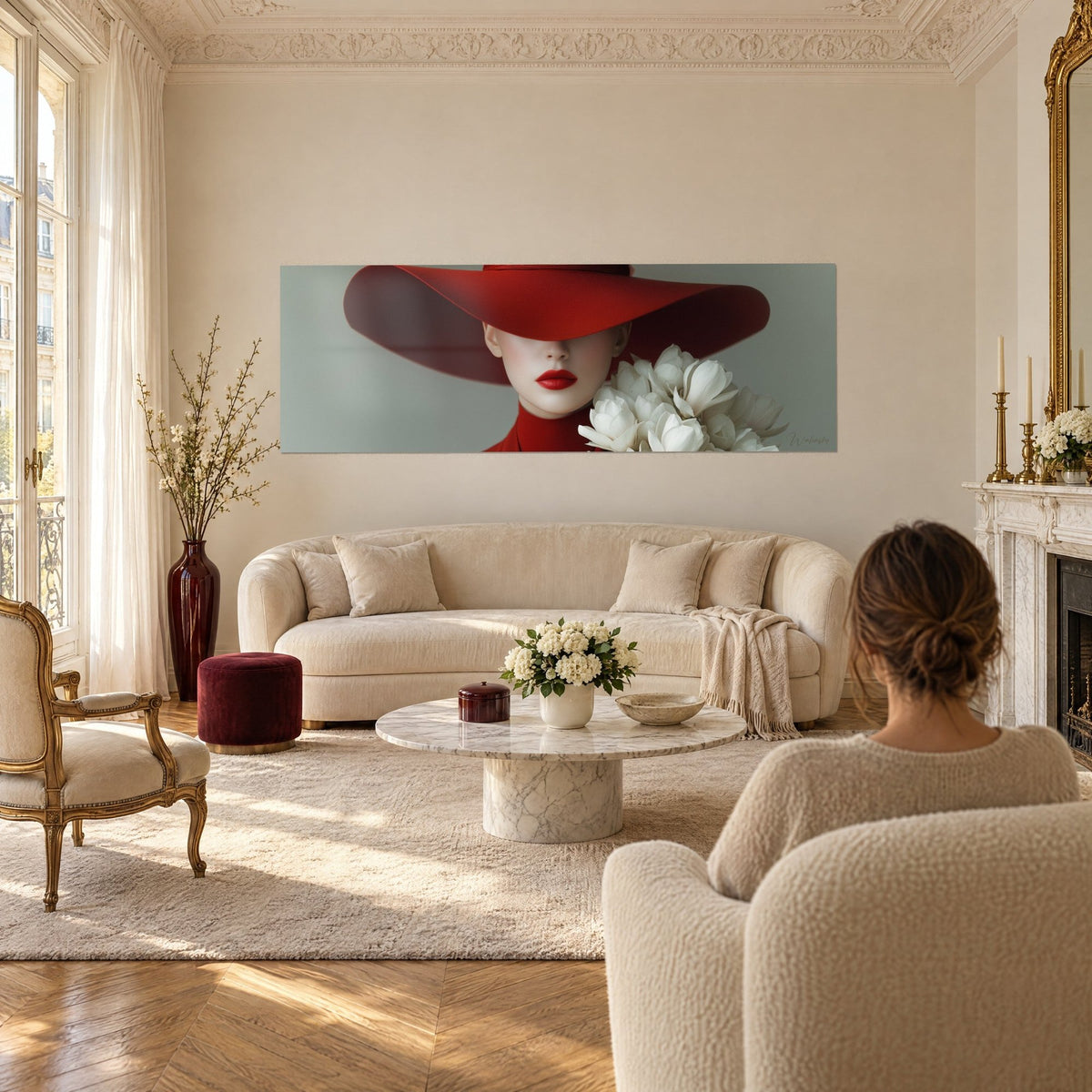 Tableau grand chapeau rouge sur visage voilé, lèvres écarlates et magnolias ivoire, au-dessus d'un canapé dans un salon lumineux