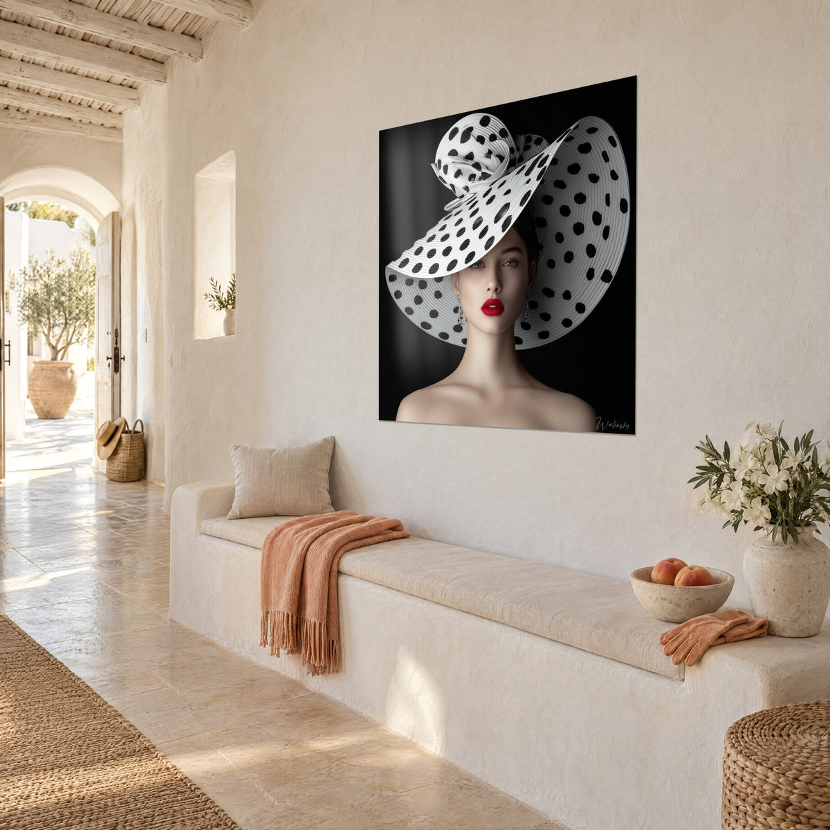 Tableau portrait de femme sous un chapeau ivoire aux pois d'encre, bouche carmin, vu de trois-quarts sur un mur de chaux blanc