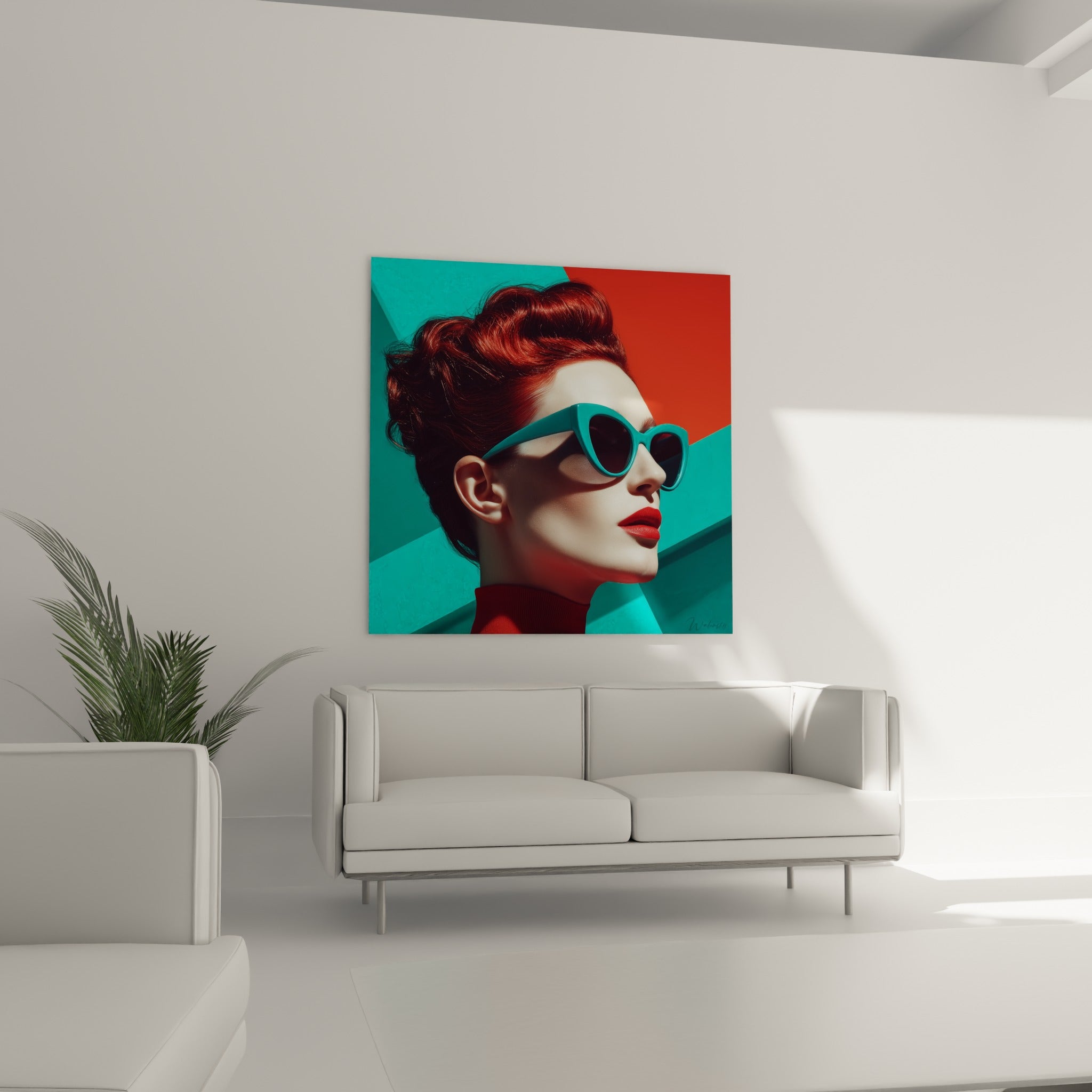 Silhouette rousse en lunettes turquoise et rouge éclatant au-dessus d'un canapé dans un salon lumineux