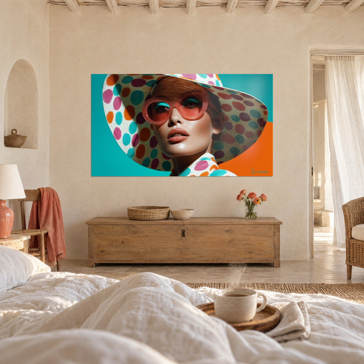 Cuadro de una elegante con sombrero de ala ancha de lunares turquesa y ciruela, fondo naranja, sobre una cama en un dormitorio claro