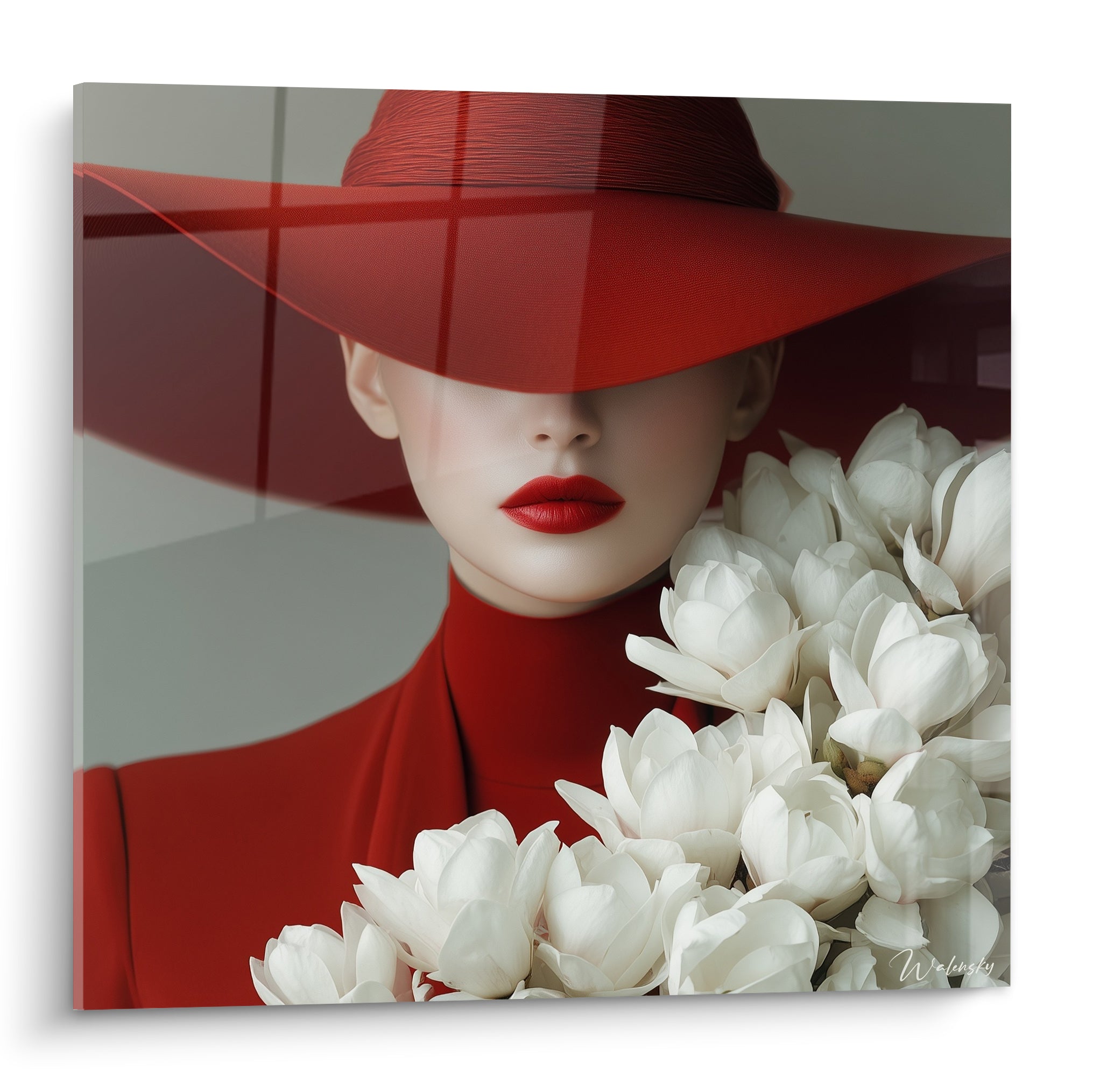 Femme au chapeau rouge et fleurs blanches, lèvres rouge intense sur fond gris neutre