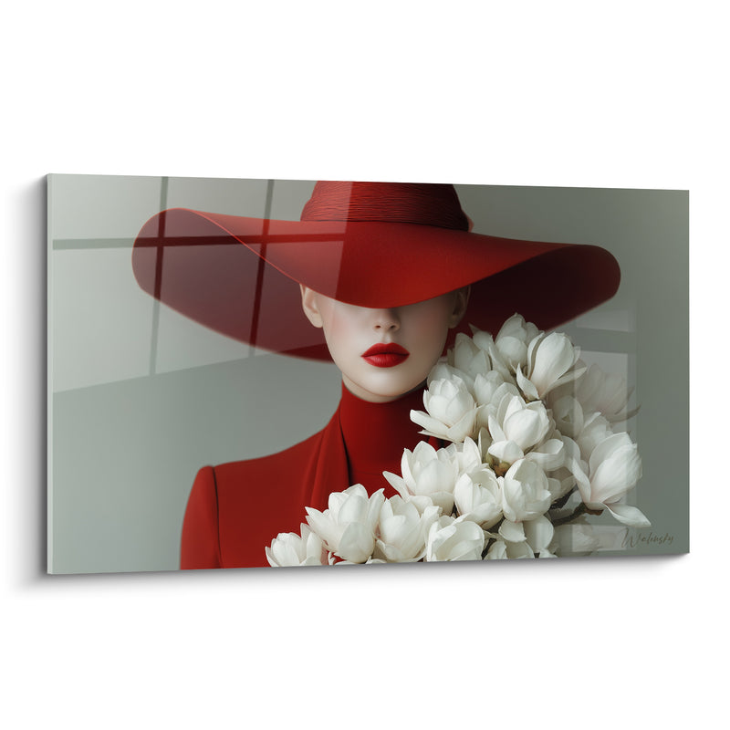 Tableau Chapeau rouge translucide et lèvres carminées - Reflet vitré fenêtré - Edition Accessoires de mode