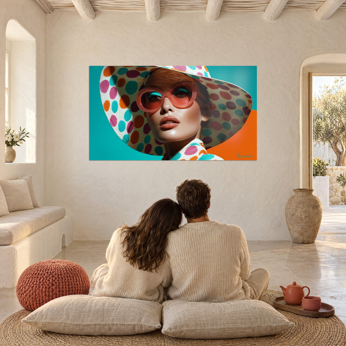 Cuadro de belleza con mirada maquillada en turquesa, sombrero blanco de lunares magenta y naranjas, pared de yeso beige frente a una pareja abrazada