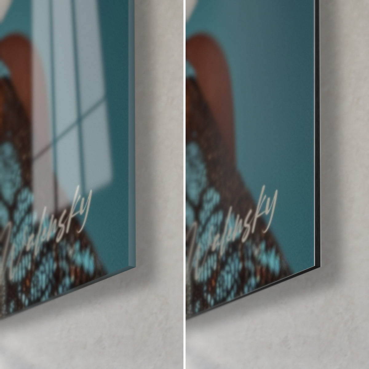 Tableau femme à la peau cuivrée, coin bas droit : verre acrylique brillant aux reflets, alu Dibond mat, tranche de 3 mm