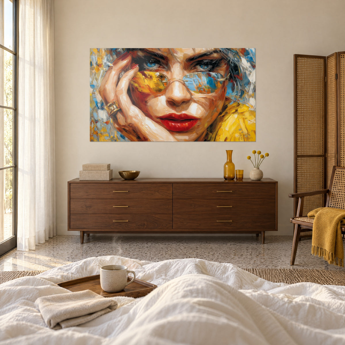 Cuadro de una musa con pintalabios carmesí, reflejos amarillos y azules en sus gafas, sobre una cama en un dormitorio luminoso