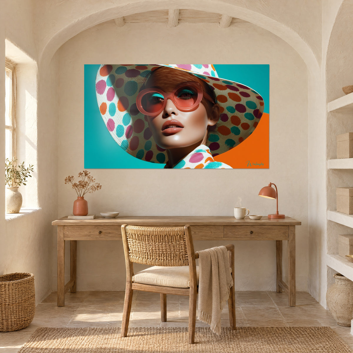 Cuadro de musa con párpados maquillados en turquesa y gafas coral, gran sombrero de lunares, escritorio de madera clara bajo un arco blanco