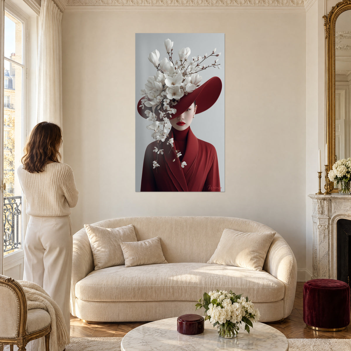 Tableau élégante au grand chapeau bordeaux couvert de magnolias blancs, fond gris perle, au-dessus d'un canapé dans un salon lumineux