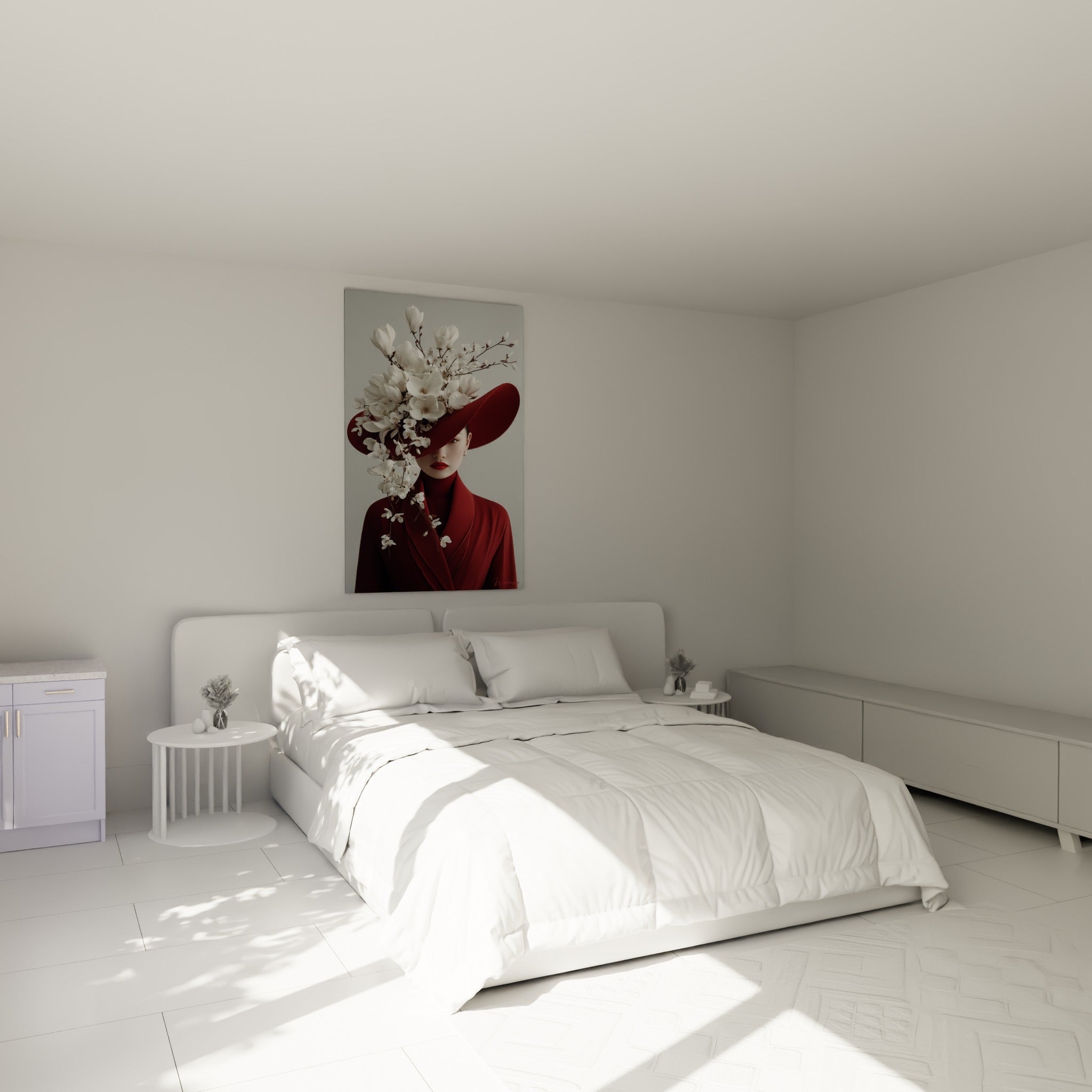 Femme au manteau bordeaux et magnolias blancs accrochée au-dessus d'un lit dans une chambre claire