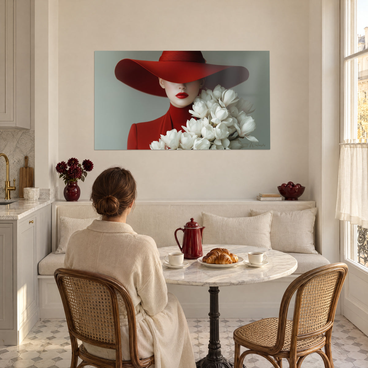 Cuadro de una silueta roja con sombrero sobre un ramo de magnolias crema, fondo salvia, frente a una mesa redonda de mármol