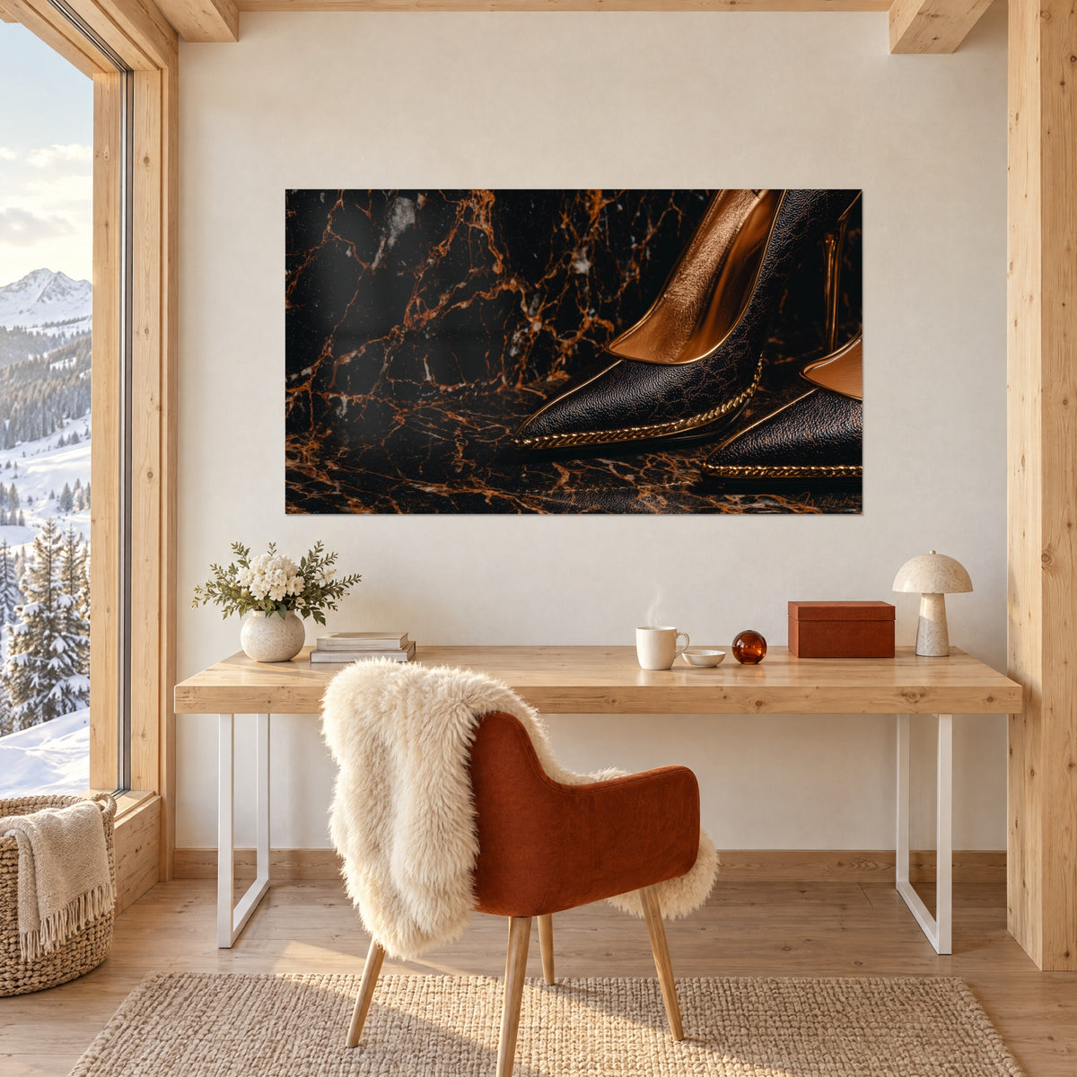 Schilderij met zwarte luxe pumps met koperkleurige zool op oranje geaderd marmer, boven een wit houten bureau en een roestkleurige stoel
