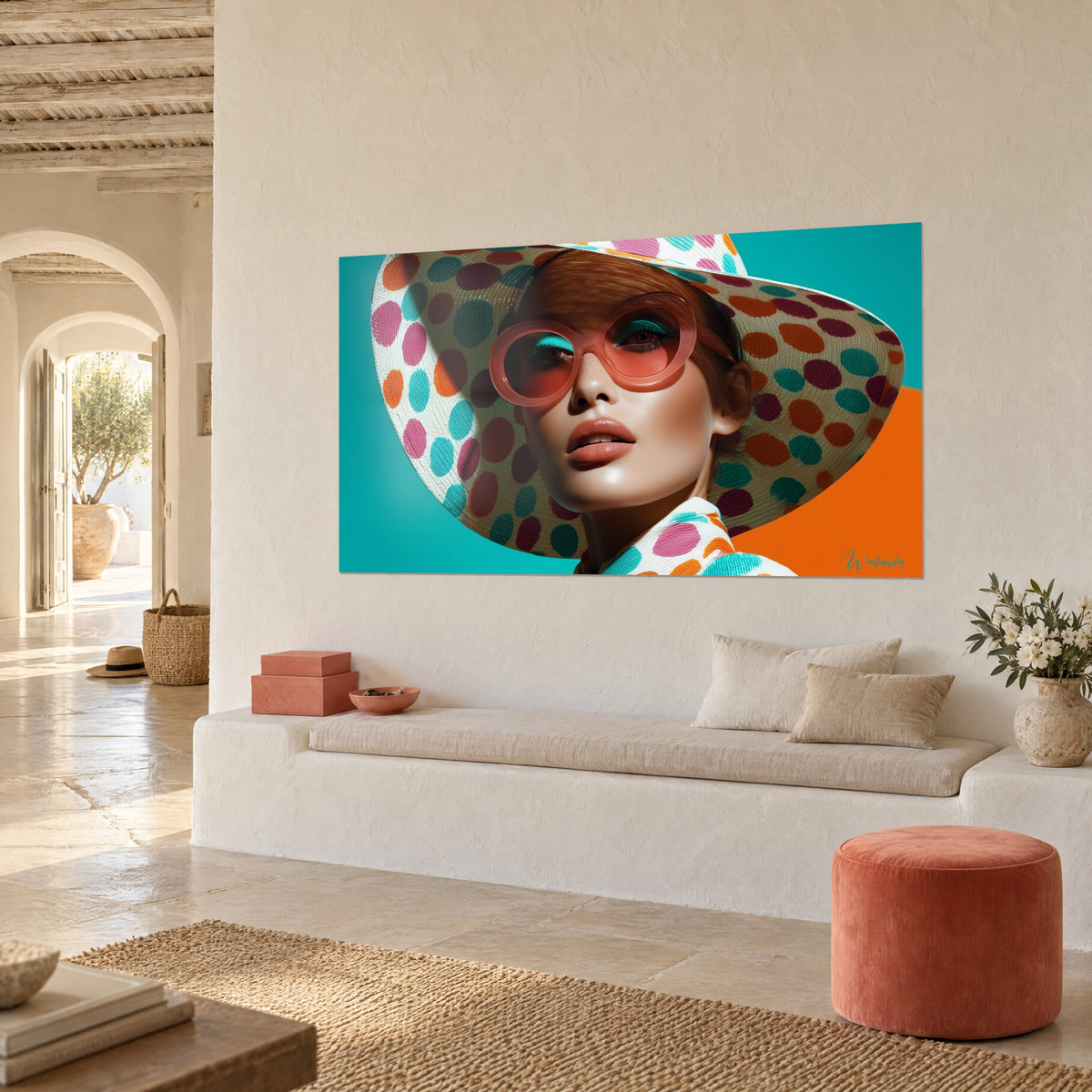 Cuadro de retrato de moda con gafas grandes tintadas en rosa y labios nude, sombrero de lunares magenta sobre fondo turquesa, banqueta blanca