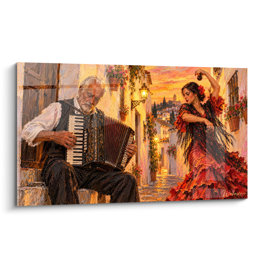 Tableau Danseuse flamenco en robe rouge ocre - Ruelle andalouse enflammée - Edition Accordéon