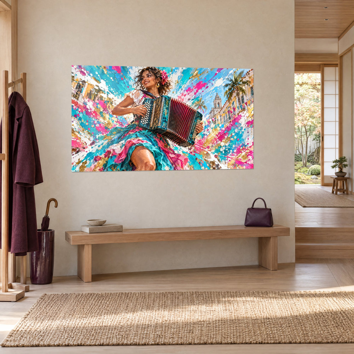Tableau musicienne à fleur rose dans les cheveux, accordéon bleu et rouge, éclats magenta, en vue de trois-quarts dans l'entrée