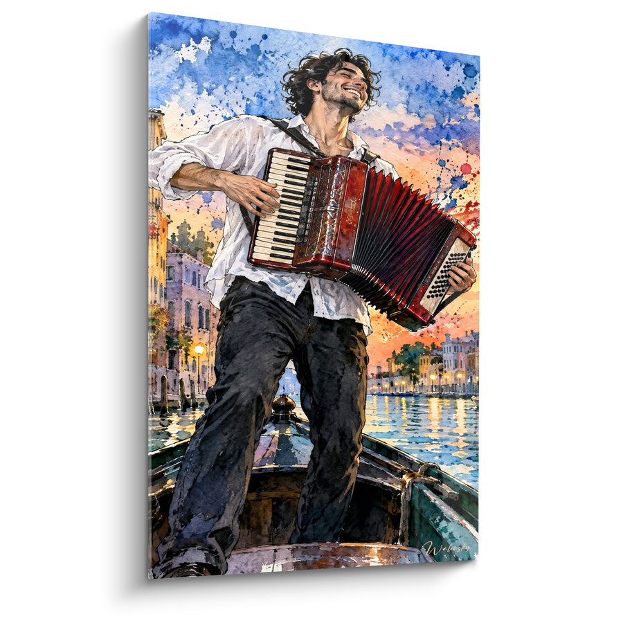 Tableau Gondolier bordeaux et bleu jouant debout - Sérénade vénitienne - Edition Accordéon