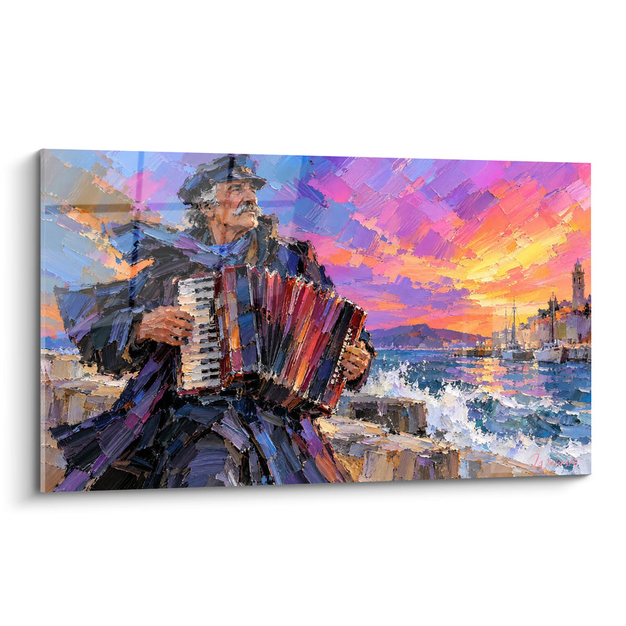 Tableau Marin casquette bleue et violette au port - Voiliers au loin - Edition Accordéon